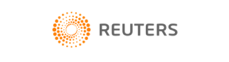 The image is a logo of reuters, featuring an array of orange dots forming a sphere-like shape on the left and the word "reuters" next to it in grey font.