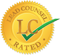 A golden seal emblem with the text "lead counsel" and the letters "lc" prominently displayed, featuring a green checkmark indicating a rating or certification for a Nassau County child support lawyer.