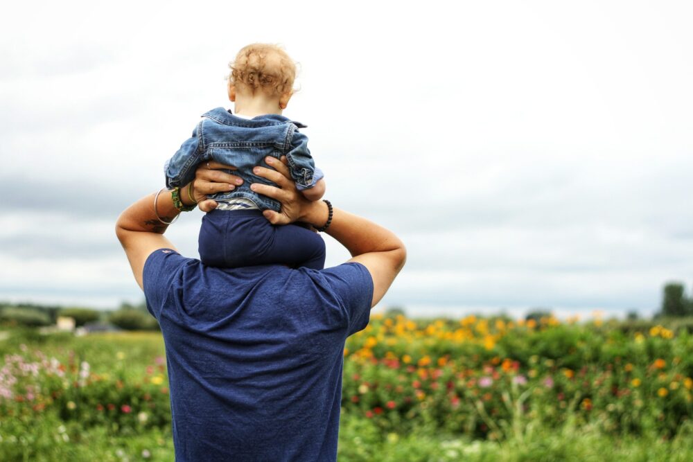 A child perched on an adult's shoulders, both gazing out over a colorful field of flowers, embodying a moment of peaceful connection with nature, reminiscent of the harmony sought by a Nassau; Nassau County Child Custody Lawyer concept image