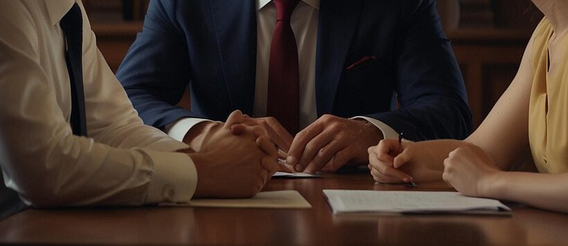 A man and a woman sit across from each other at a desk with papers, while a Bay Shore divorce lawyer in a suit sits between them, looking serious, in an office lined with shelves of books.